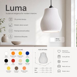 Op de afbeelding: Een witte 3D-geprinte hanglamp met een verticale geribbelde textuur en een klokvormig silhouet. De afbeelding toont de productnaam Luma, kleuropties waaronder wit, oranje, geel, blauw, zwart, rood, beige en groen, en de vermelde afmetingen.