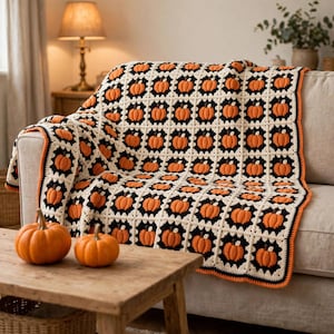May include: A crochet blanket featuring a repeating pattern of orange pumpkins with brown stems, each centered within a black and cream-colored square. The blanket has a decorative orange border and is draped over a sofa.