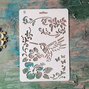 B5 Hummingbird and hibiscus Plastic Stencil for art craft painting raised stencilling | #N107