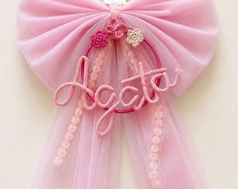 Gepersonaliseerde babyshowerstrik met naam | Tule babystrik voor een meisje | Decoratie voor de ziekenhuisdeur | Handgemaakt babyshowercadeau