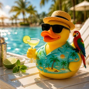 Puede incluir: Un pato de goma amarillo con sombrero de paja y gafas de sol negras, vestido con una camisa azul de estampado tropical con palmeras. El pato sostiene una pequeña copa de cóctel con una rodaja de lima y un loro colorido descansa sobre su hombro.
