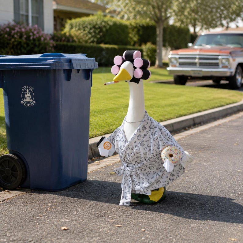 May include: A white goose figurine wearing a grey and white leopard print robe, pink and black hair rollers, and a thin silver necklace. The goose holds a coffee cup and a donut, with a cigarette in its beak, standing next to a blue trash bin.