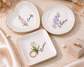 Custom Jewelry Dish, Personalize Ring Dish, Birth Month Flower Trinket Dish, Bridesmaid Proposal Gift, Ceramic Ring Holder, Best Friend Gift