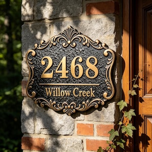 Op de afbeelding: Een rechthoekig huisnummerbord met een zwarte, getextureerde achtergrond en goudkleurige, verhoogde letters en randen. Het bord toont het nummer 2468 en de tekst Willow Creek in een schreeflettertype, omringd door een sierlijke lijst.