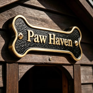 Puede incluir: Un letrero con forma de hueso con un fondo negro texturizado y letras doradas en relieve que dicen Paw Haven. El letrero tiene un borde dorado y está montado con dos tornillos dorados visibles sobre una superficie de madera oscura.