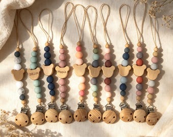 Personalized Wooden Pacifier Clip, Custom Engraved Name Dummy Holder, Boho Bead Pacifier Leash, Baby Shower Gift, Newborn Pacifier Strap