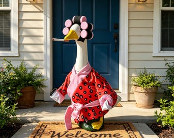 Funny Goose Outfit with Hair Curlers, Porch Goose Costume, Patriotic Stars Stripes Leopard Cow Bathrobe, Gag Gift Lawn Ornament Decor