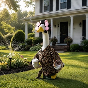 May include: A white goose wearing a leopard print robe and pink hair rollers. The goose holds a white coffee cup in one wing and a chocolate frosted donut in the other. A cigarette is held in its yellow beak, with a thin trail of smoke rising.