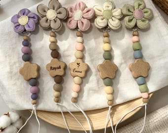 Custom Flower Silicone Bead Pacifier Clip, Personalized Engraved Wood Star Dummy Clip, Boho Fabric Flower Baby Pacifier Clip, Newborn Gift