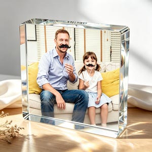 May include: A thick, rectangular clear acrylic photo block displaying a photograph of an adult and a child sitting on a sofa. Both individuals are holding black paper moustache props on sticks in front of their faces. The block has beveled edges.
