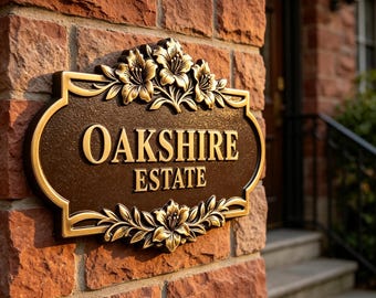 Personalized Floral Cast Aluminum House Sign, Custom Manor Name Plaque, Outdoor Address Plaque, Luxury Embossed Home Marker, Lily doorplate