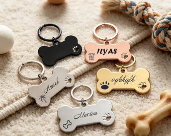 Custom Engraved Bone Dog Tag, Personalized Pet Name ID Tag, Stainless Steel Dog Collar Tag, Custom Puppy Name Tag, Pet Gift for Dog Lovers