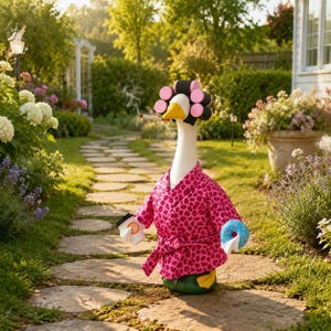 May include: A white goose figurine wearing a pink leopard print bathrobe and pink hair rollers. The goose holds a white coffee cup in one wing and a blue donut in the other, with a lit cigarette in its beak emitting a thin trail of smoke.