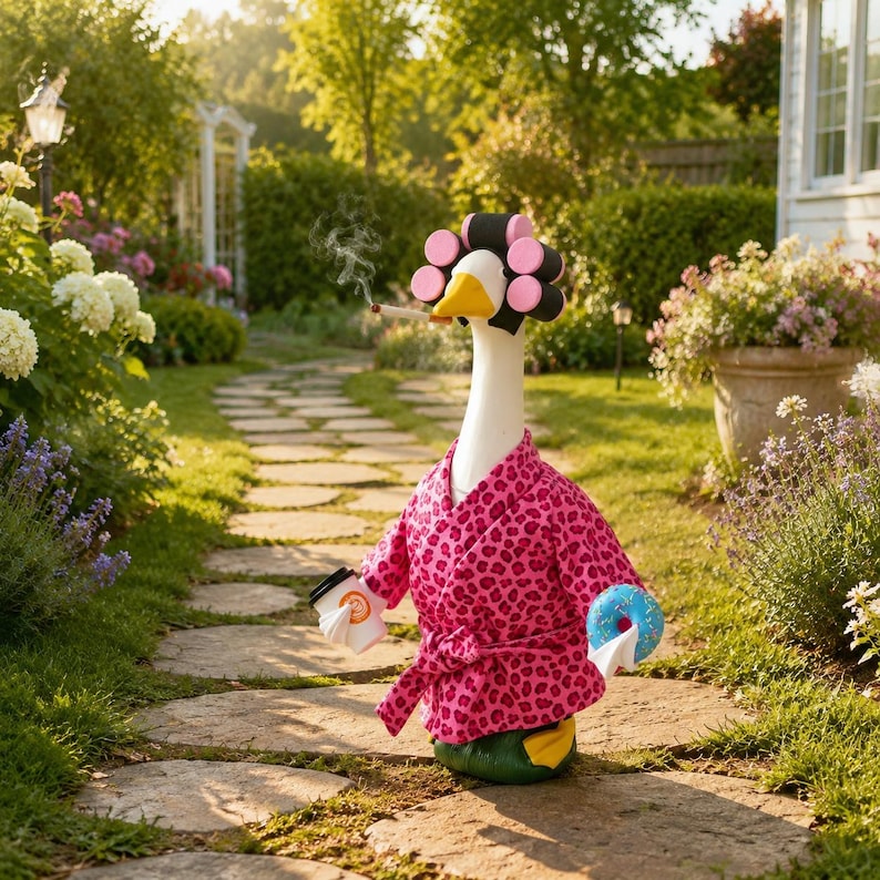 May include: A white goose figurine wearing a pink leopard print bathrobe and pink hair rollers. The goose holds a white coffee cup in one wing and a blue donut in the other, with a lit cigarette in its beak emitting a thin trail of smoke.