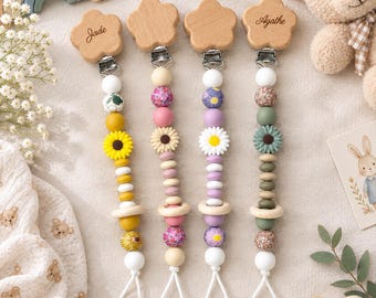 Personalized Silicone Pacifier Clip & Wooden Rattle, Custom Baby Soother Holder, Baby Shower Gift, Nordic Newborn Gift Set, Baby Keepsake