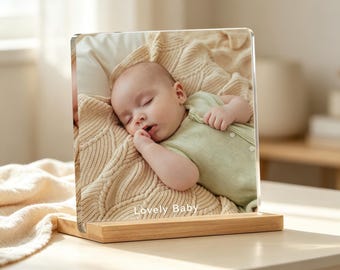 Custom Acrylic Photo Plaque with Wooden Stand, Personalized Picture Frame, Custom Text Photo Sign, Family Baby Wedding Memory Keepsake Gift