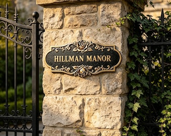 Custom Rose Metal House Name Sign, Personalized Manor Address Plaque, Vintage Home Entrance Marker, Engraved Family Name Gate Sign