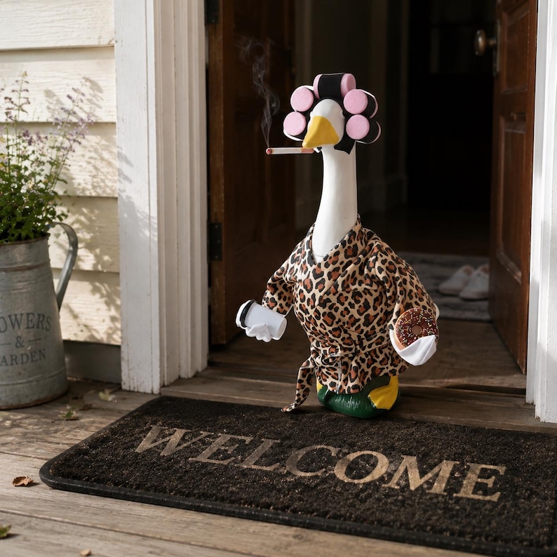 May include: A white goose figurine wearing a leopard print robe and pink hair rollers. The goose holds a white coffee cup and a chocolate donut, with a cigarette in its beak emitting a thin wisp of smoke, standing on a dark brown welcome mat.
