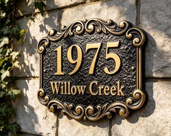 Custom Ornate Metal House Number Plaque, Black Gold Aluminum Address Sign, Personalized Vintage Home Name Plaque, Outdoor House Marker