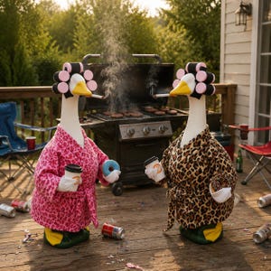 May include: Two white goose figurines wearing pink hair rollers, one in a pink leopard print robe and one in a brown leopard print robe. Each holds a coffee cup and a donut, with a lit cigarette in its beak, standing before a black outdoor grill.