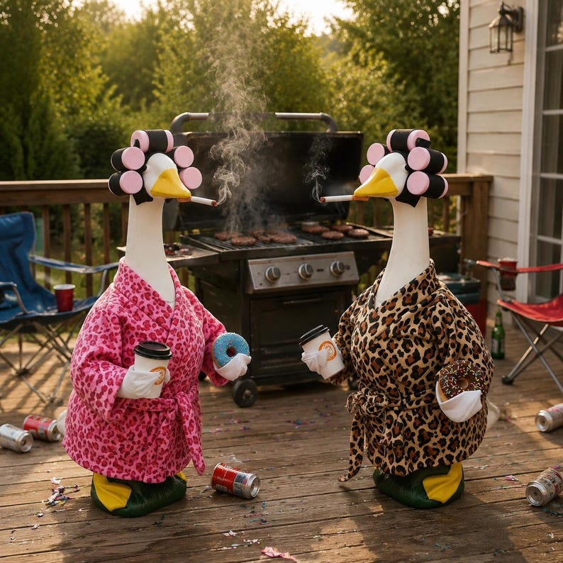 May include: Two white goose figurines wearing pink hair rollers, one in a pink leopard print robe and one in a brown leopard print robe. Each holds a coffee cup and a donut, with a lit cigarette in its beak, standing before a black outdoor grill.