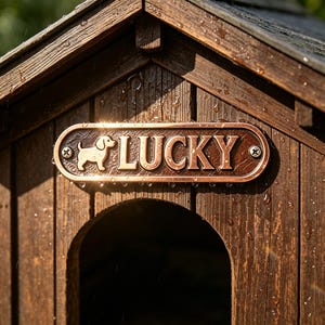 Puede incluir: Una placa metálica ovalada con acabado en tono cobre montada sobre una estructura de madera marrón oscuro. La placa presenta la silueta de un perro pequeño a la izquierda y la palabra LUCKY en letras mayúsculas en relieve, sujeta por dos tornillos.