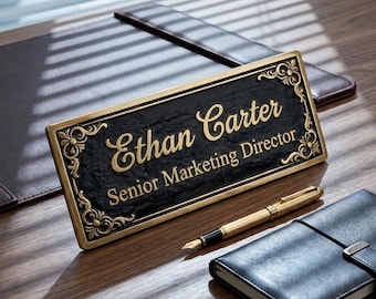 Vintage Engraved Name Plaque, Custom Personalized Desk Sign, Wedding Anniversary Gift, Office Door Name Tag, Ornate Border Metal Plaque