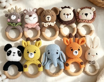 Personalized Animal Teething Rattle, Custom Engraved Baby Rattle, Newborn Shower Gift, Baby Teether Toy, Custom Engraved Animal Baby Rattle