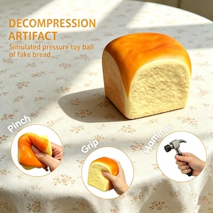 May include: A squishy decompression toy shaped like a loaf of bread with a golden-brown crust and pale interior. The image includes text labels DECOMPRESSION ARTIFACT, Simulated pressure toy ball of fake bread, Pinch, Grip, and Hammer.