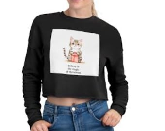 Cute Cat Graphic Crop Sweatshirt for Women | Trendy Cropped Pullover Jumper | Kawaii Aesthetic Loungewear | Casual Long Sleeve Crop Top
