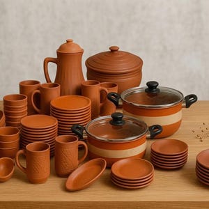 以下が含まれることがあります： 皿、ボウル、マグカップが積み重なったテラコッタ製のキッチン用品セット。背の高いピッチャー、蓋付きの壺、ガラス蓋と黒い取っ手、クリーム色の水平なストライプが特徴的な2つの調理鍋が含まれています。