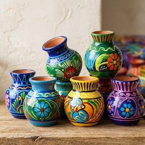 May include: A collection of small, round ceramic vases featuring hand-painted floral patterns in vibrant colors including blue, green, yellow, and purple. Each vase has a wide, flared rim and a smooth, glossy finish, showcasing intricate designs.