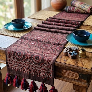 Authentic Hand-Block Printed Ajrak Table Runner | Boho Ethnic Cotton Decor with Tassels