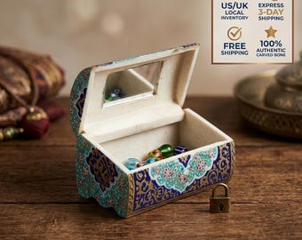 Hand-Painted Camel Bone Trinket Box | Persian Miniature Jewelry Chest (Mirror)