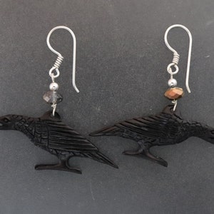 Hand Carved Black Horn Raven with Crystal Bead with Sterling Silver Wire Earring