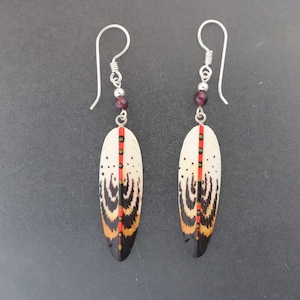 Native Design Hand Painted Feather Earrings On Bone with Garnet Bead with Red Accents