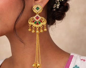 Pendientes de borla tono dorado / Pendientes colgantes de piedra Kundan roja y verde / Joyería para bodas indias