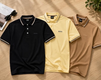 Hugo Boss Men's Polo Shirt | Designer Cotton Short Sleeve Polo | Black Beige Yellow | Multiple Sizes Vintage Premium Designer