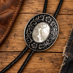 May include: An oval bolo tie featuring a central iridescent mother-of-pearl inlay surrounded by a dark, oxidized silver-tone metal frame with intricate floral and scrollwork engravings. The pendant is attached to a braided black leather cord.