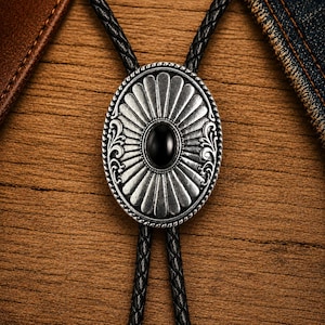 May include: A bolo tie featuring an oval-shaped silver-toned metal centerpiece with a sunburst pattern and decorative scrollwork. A smooth, polished black oval stone is set in the center. The pendant is attached to a black braided leather cord.