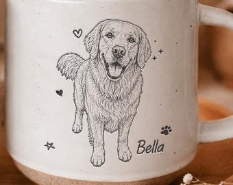 May include: A speckled off-white ceramic mug featuring a black line art illustration of a Golden Retriever dog. The design includes small heart, star, and paw print accents, with the name Bella printed in a script font below the dog illustration.