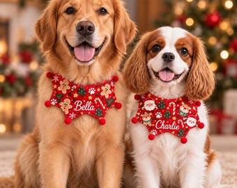 May include: Two dogs wearing red Christmas-themed pet bandanas with scalloped edges and small red pom-poms. The left bandana features gingerbread men and the name Bella. The right bandana features Santa and reindeer with the name Charlie.