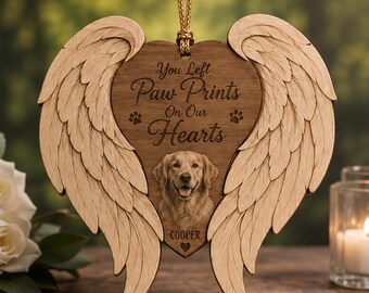 Custom Pet Memorial Wooden Ornament, Angel Wings Keepsake, Rainbow Bridge Decor