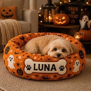 Pumpkin Patchwork Pet Bed, Custom Dog Cat Cushion, Galaxy Bed For Pet, Gift For Pet Lover