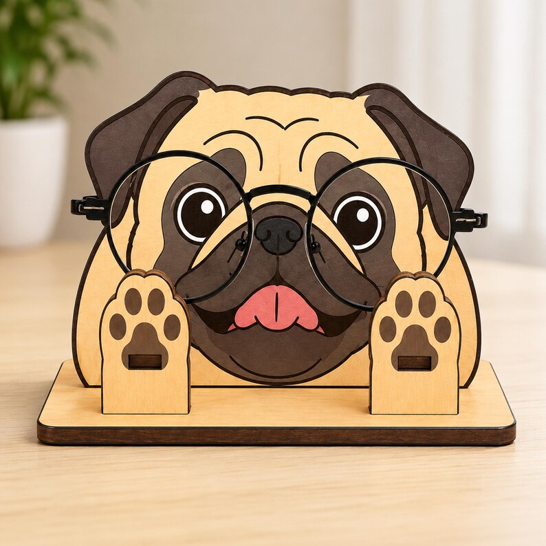 May include: A wooden eyeglass holder shaped like a pug dog with tan and dark brown coloring. The pug features a black nose, a pink tongue, and two raised paws. A pair of black-rimmed glasses rests on the pug's face, supported by the wooden structure.
