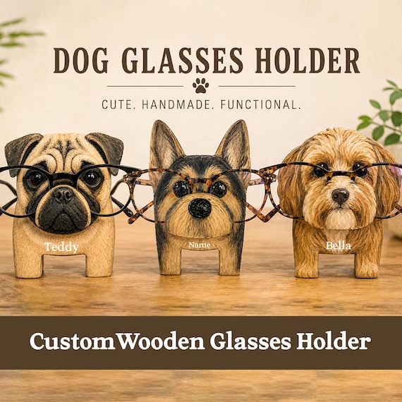 Custom Wooden Dog Glasses Holder, Personalized Pet Name Stand, Desk Eyewear Rack