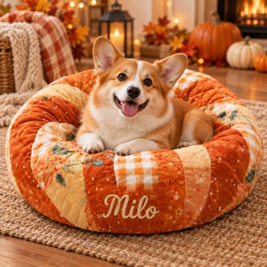 Pumpkin Patchwork Pet Bed, Custom Dog Cat Cushion, Autumn Fall Decor