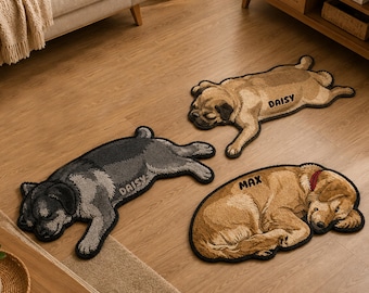 May include: Three custom-shaped tufted rugs featuring dog designs. One rug depicts a tan pug with the name DAISY, another shows a grey and black dog with the name DAISY, and the third is a golden-brown dog with a red collar and the name MAX.