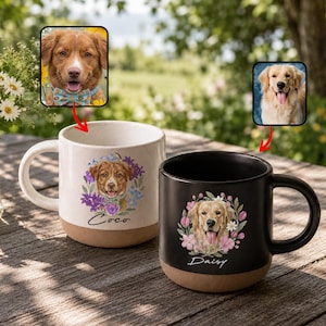 Taza de cerámica a rayas con retrato de mascota en acuarela, taza de café personalizada para amantes de los perros, taza para perros y gatos, regalo con foto para dueños de animales.