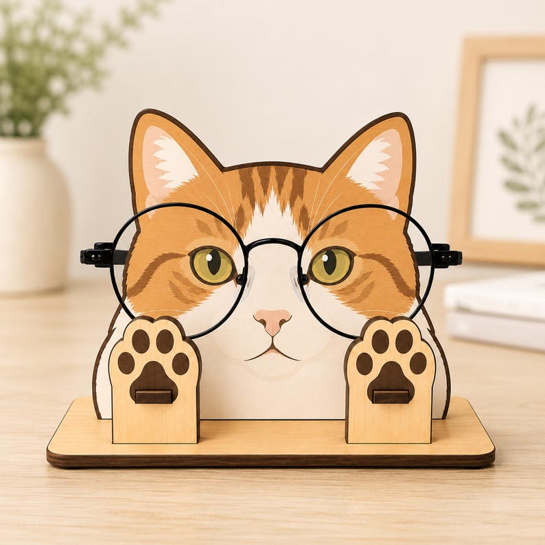 May include: A wooden eyeglass holder shaped like a ginger tabby cat face with two raised paws. The cat has green eyes and white markings on its face. A pair of black-rimmed round glasses rests on the cat's face, supported by the two wooden paws.